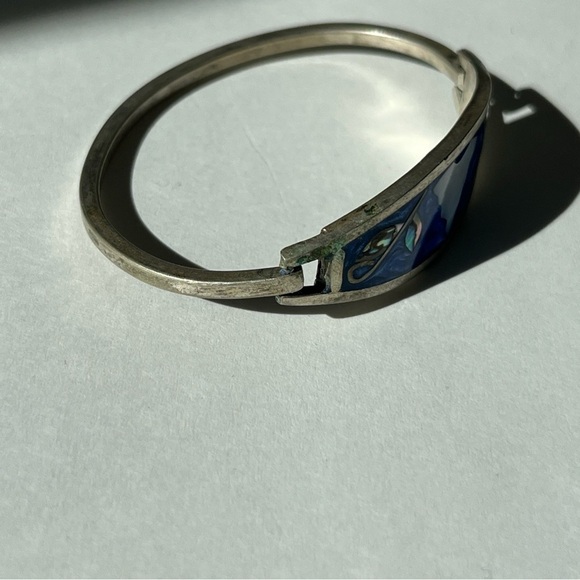 Vintage Alpaca Mexico Silver Abalone Inlay Hinge Bangle Bracelet - Picture 5 of 9